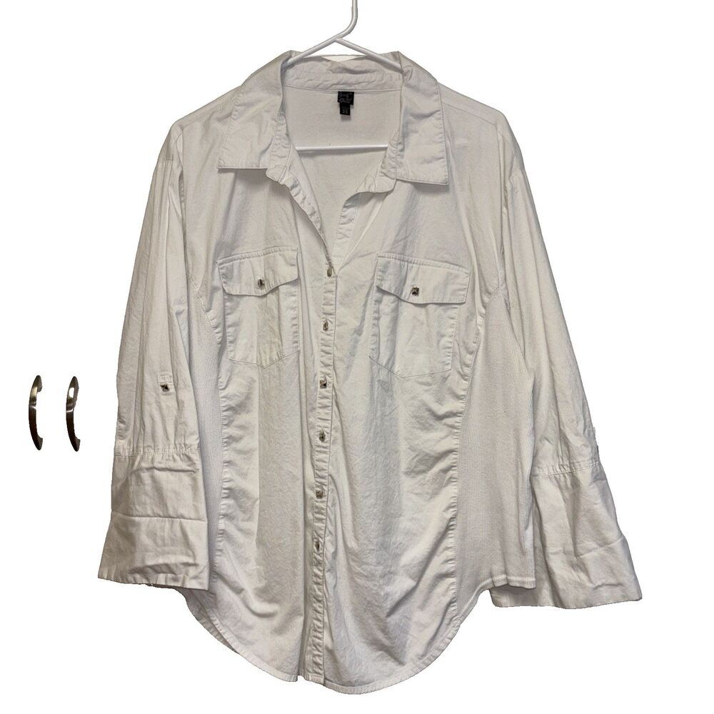 Grand And Greene Button Up Blouse Women 2X White Roll Tab Sleeve Cotton Blend